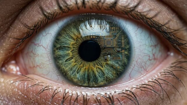 Extreme close up of a human eye with intricate green iris patterns reflecting a complex technological circuit board representing innovation and the future