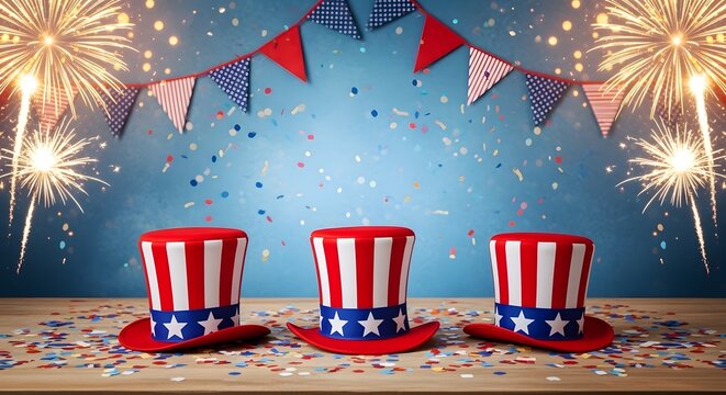 Festive 4th of july celebration patriotic hats fireworks and american flags for independence day