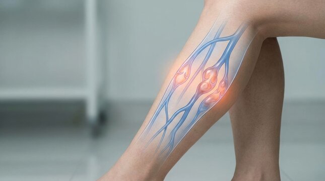 Close-up of a human leg showing varicose veins and enlarged blood vessels