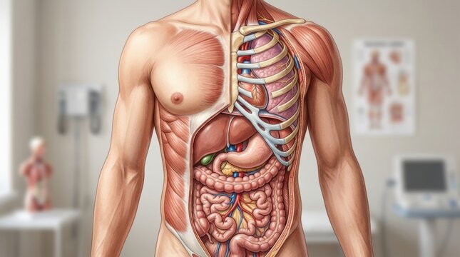 Detailed anatomical illustration of the human torso with internal organs and musculature