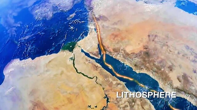 3D animation showing lithosphere structure including crust and upper mantle with tectonic plates.