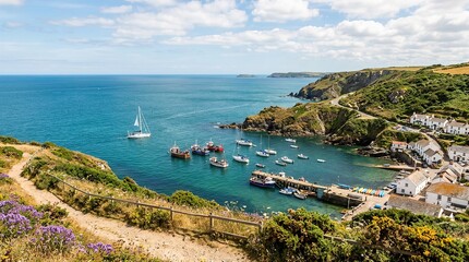 Fototapeta premium Coastal Harbor with Boats and Turquoise Sea Surrounded by Cliffs