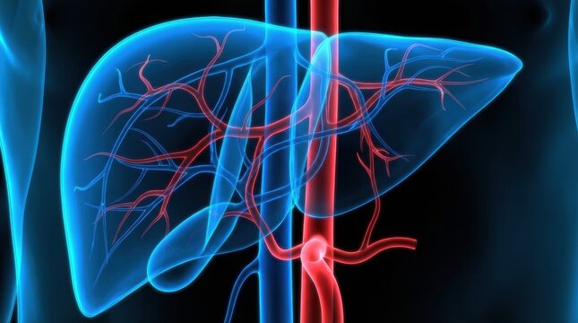 Detailed 3D illustration of the human liver with its vascular system in blue and red