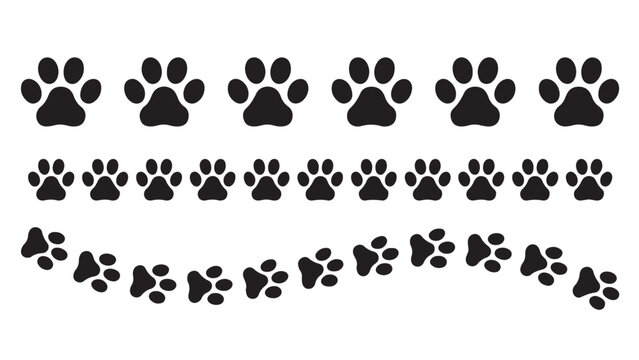 Various black animal paw prints arranged in rows and a curved trail on a white background.