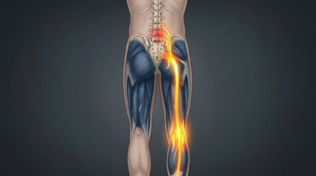 Sciatic nerve pain illustration showing inflammation and discomfort in the lower back and leg