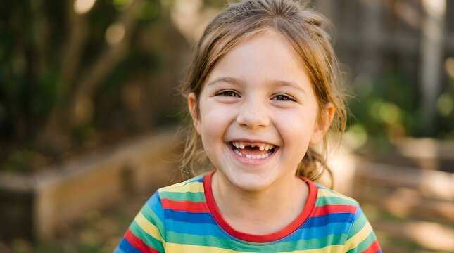 Happy child smiling with missing front teeth outdoor portrait natural childhood joy innocence playful expression and healthy lifestyle concept