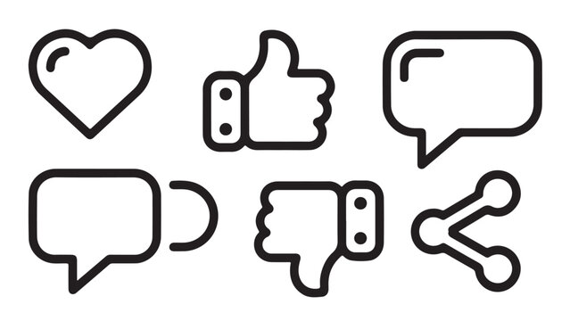 Social media interaction icons set including heart like thumbs up down comment and share symbols