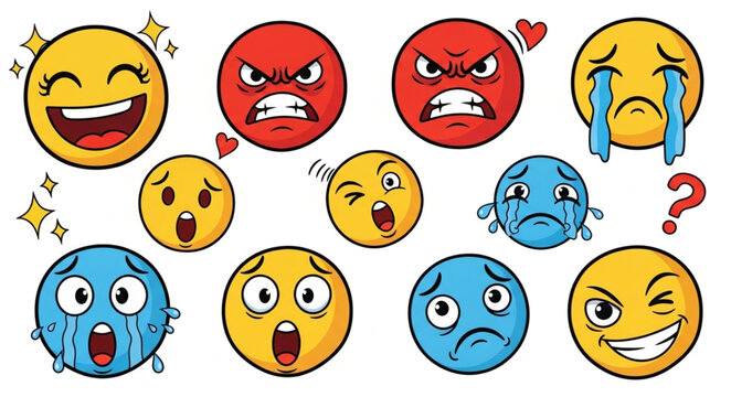 Collection of cartoon emoji faces expressing various emotions like happiness anger sadness and surprise.