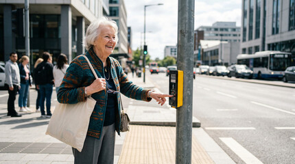Fototapeta premium Happy elderly person pressing crosswalk button before crossing street