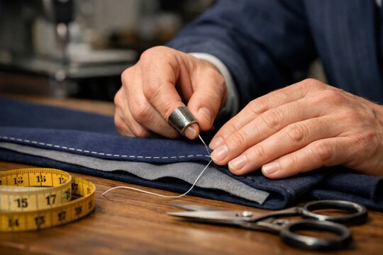 Close up tailor work on blue fabric with thimble and tape measure, perfect for alteration service and bespoke clothing themes.
