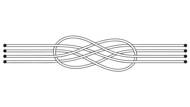 Simple line drawing of a complex knot structure with four parallel lines intertwined.