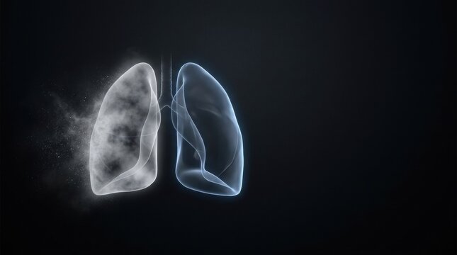 Healthy and diseased lungs comparison with smoke particles on dark background