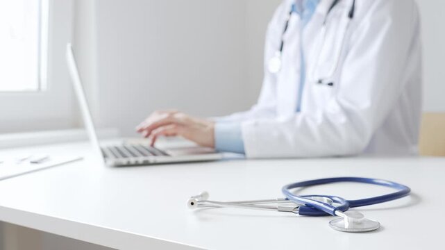 Closeup of blue stethoscope is lying on the table near female doctor working on laptop, highlighting digital tools transforming healthcare diagnostics and patient documentation. Medicine concept