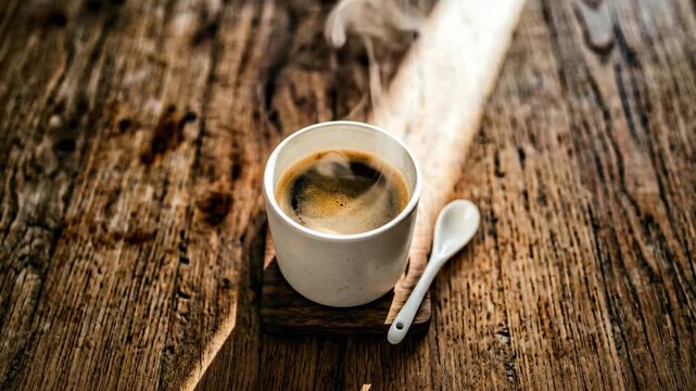 A steaming cup of dark coffee sits on a rustic wooden table with a small spoon beside it perfect for a morning or afternoon pick me up