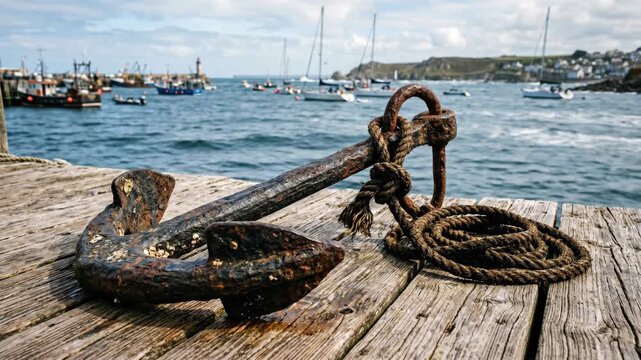 A weathered rusty anchor sits on a wooden dock in a harbor with sailboats in the background The sea is calm under a cloudy sky This evokes a sense of