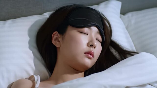 Extreme close-up video of a serene young east asian woman sleeping peacefully on white sheets, long dark hair fanned, wearing a sleep mask, soft bokeh background. Concept of deep rest and tranquility