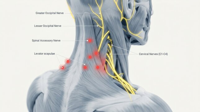 Anatomical illustration of neck nerves and muscles with pain points highlighted