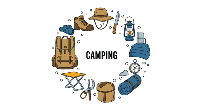 Circular frame of camping and survival equipment such as a backpack, boots, compass, and tent with text.