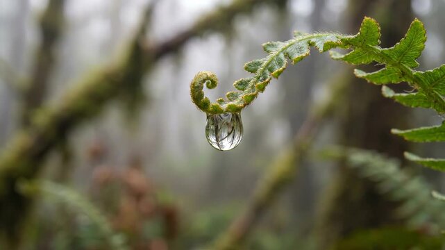 A delicate fern frond unfurls in a misty forest A single dewdrop clings precariously to its tip reflecting the muted green world