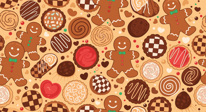 Delicious seamless pattern featuring a variety of cookies, gingerbread men, and sweet treats in warm colors.