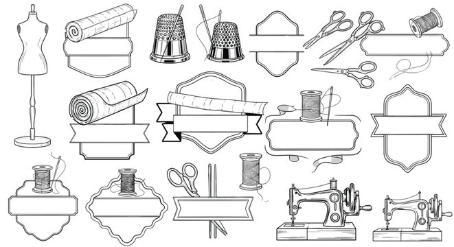 Vintage style sewing and tailoring emblems set with icons of a mannequin, sewing machine, scissors, thimbles, and thread spools.