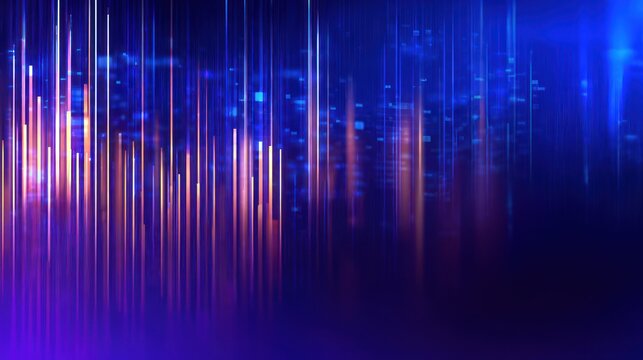 Abstract digital soundwaves with vibrant blue and orange vertical lines creating dynamic energy