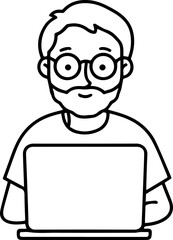 Obraz premium Hand Drawn Elderly Man Using Laptop Black and White Illustration in Minimal Line Art Style Design