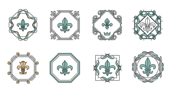 Set of elegant fleur de lis emblems enclosed in various geometric frames with a teal and gold color palette on a white background.