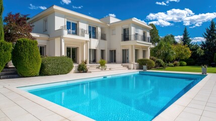 Fototapeta premium Elegant villa with large pool, surrounded by lush green garden under bright blue sky