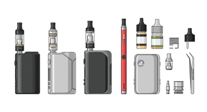 Comprehensive collection of electronic cigarette devices, vaping mods, e-liquid bottles, and various maintenance tools for vaping enthusiasts and retailers.