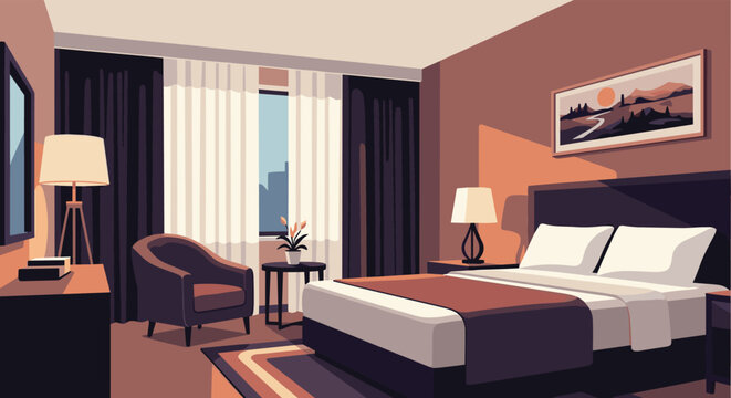 Luxurious modern hotel room interior featuring a double bed, arm chair, lamps, and a window with city views today.