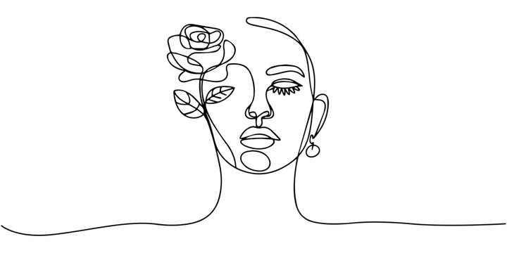 rose with women face continuous one line drawing, Continuous one line drawing of woman face and rose flower. Abstract female face and rose. Modern minimalist simple linear style. Beauty fashion design