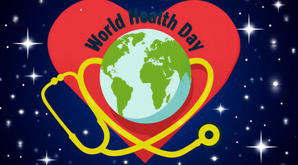Fototapeta premium Colorful world health day celebration design with globe and stethoscope in heart shape illustration