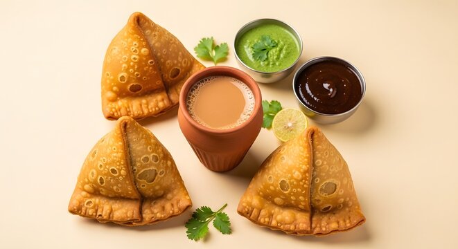 Evening snack of spiced potato samosa with traditional Indian tea