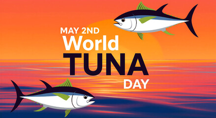 Colorful world tuna day celebration poster with fish and sunset background for seafood awareness events
