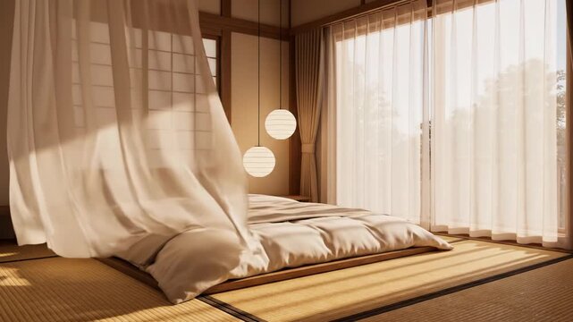 Minimalist Japanese bedroom with tatami floor and morning sunlight