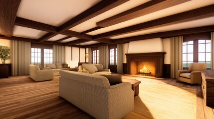 Fototapeta premium Spacious living room with wooden beams, cozy fireplace, and beige furniture in warm lighting