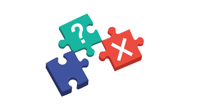 Three colorful isometric jigsaw puzzle pieces interlocking with question mark and cross symbols, representing logic and errors.