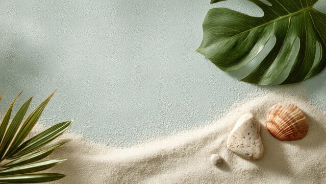 Tropical Beach Background with Sand Shells and Leaves