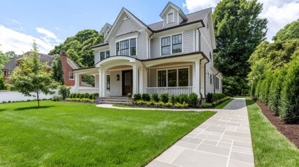 Fototapeta premium Elegant two-story house with a manicured lawn, paved walkway, and lush greenery in a serene setting