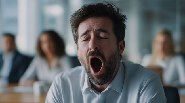 Tired businessman yawning during meeting, fatigue and lack of sleep concept