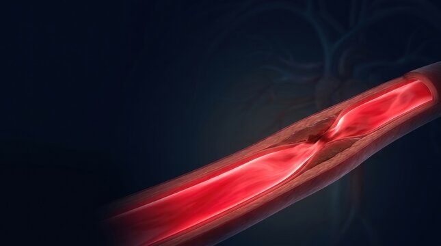 Close-up view of a narrowed artery with blood flow obstruction