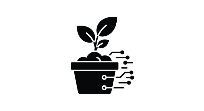 Black icon of a young plant growing in a pot with digital circuit lines emerging from the side, symbolizing agritech and innovation.
