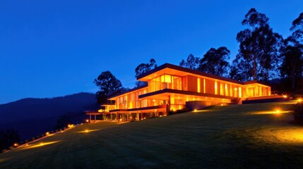 Fototapeta premium Modern hillside home illuminated at dusk with glowing windows and surrounded by serene nature