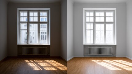 Obraz premium Bright room comparison of two spaces with wooden floors, featuring large grid windows and radiators