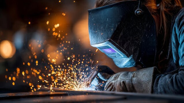 Skilled Welder in Protective Mask Working with Metal Sparks