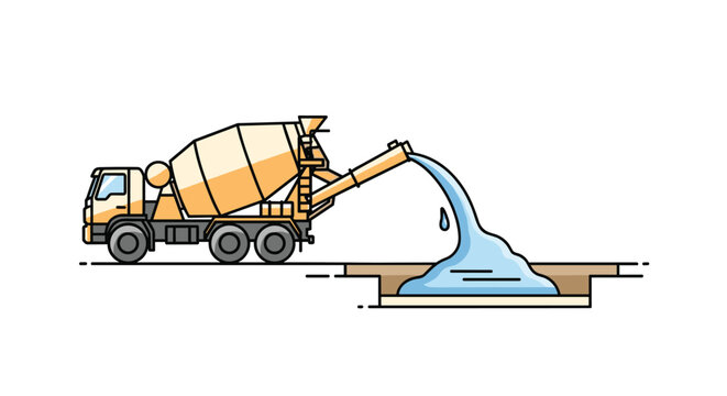 Construction site scene shows a cement truck with a chute pouring fresh liquid concrete into a prepared ground trench for a foundation.