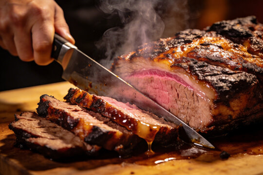 Slicing Juicy Smoked Brisket: Professional BBQ Master Preparing Fresh Meat