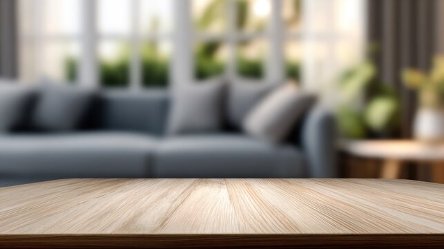 Wooden tabletop with blurred sofa in the background, sunlight filtering through large windows