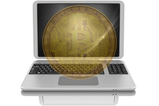 Moneta Bitcoin digitale semi‑trasparente sovrapposta a un laptop, simbolo di criptovalute, blockchain e transazioni online. Ideale per temi finanza digitale, tecnologia e investimento moderno.